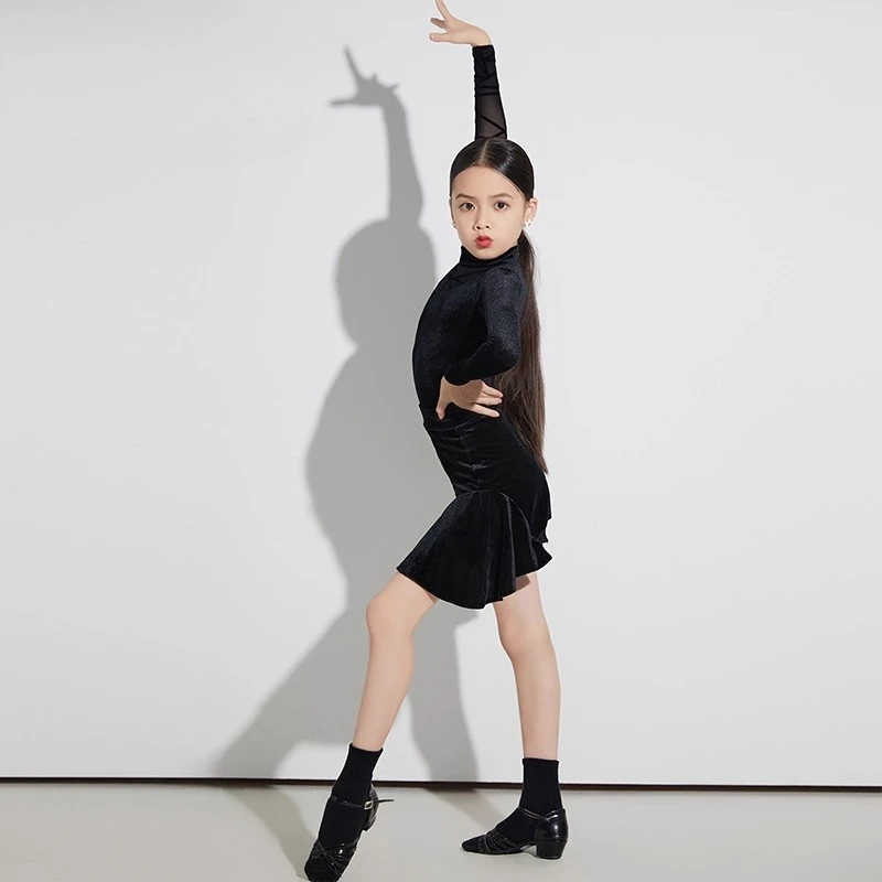 customized children girls Latin ballroom dance costume performance high-end black jumpsuit ballroom dress standard fringe skirt