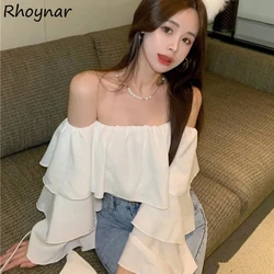 Blouses Women Solid Elegant Trendy Chic Casual Crop Tops Spring Sexy Slash Neck Ulzzang Long Sleeve Females Sweet Hot Sale New