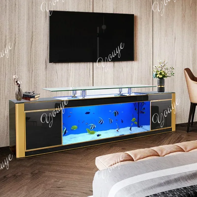 A63  Large Custom Glass Clear Luxury Aquarium Tank Fish For Home big Fish tank of TV cabinet Goldfish tank landscaping customiza