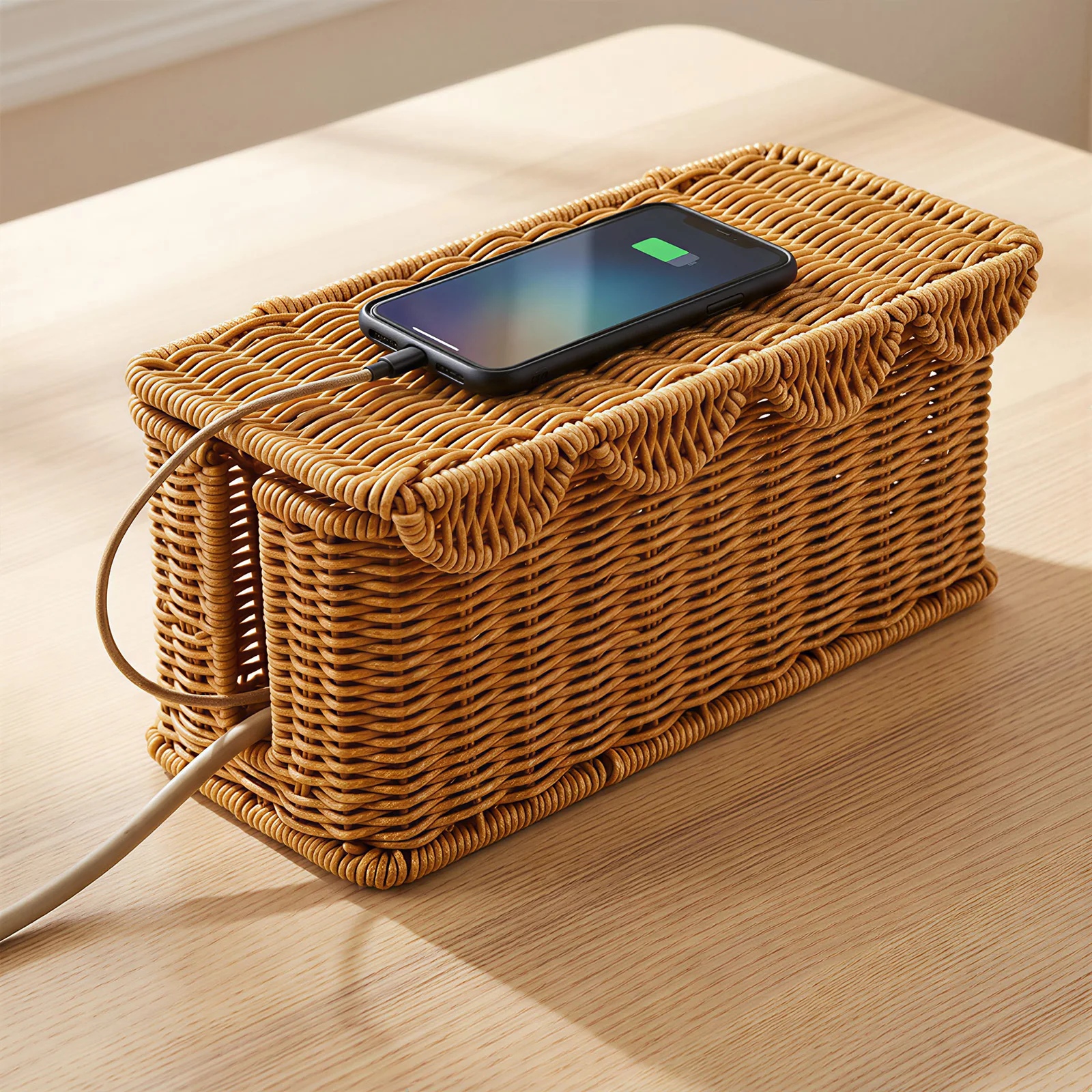 Handcrafted Rattan Cable Management Box Cords Hider Storage Office Desk Charger Socket Network Cord Organizer