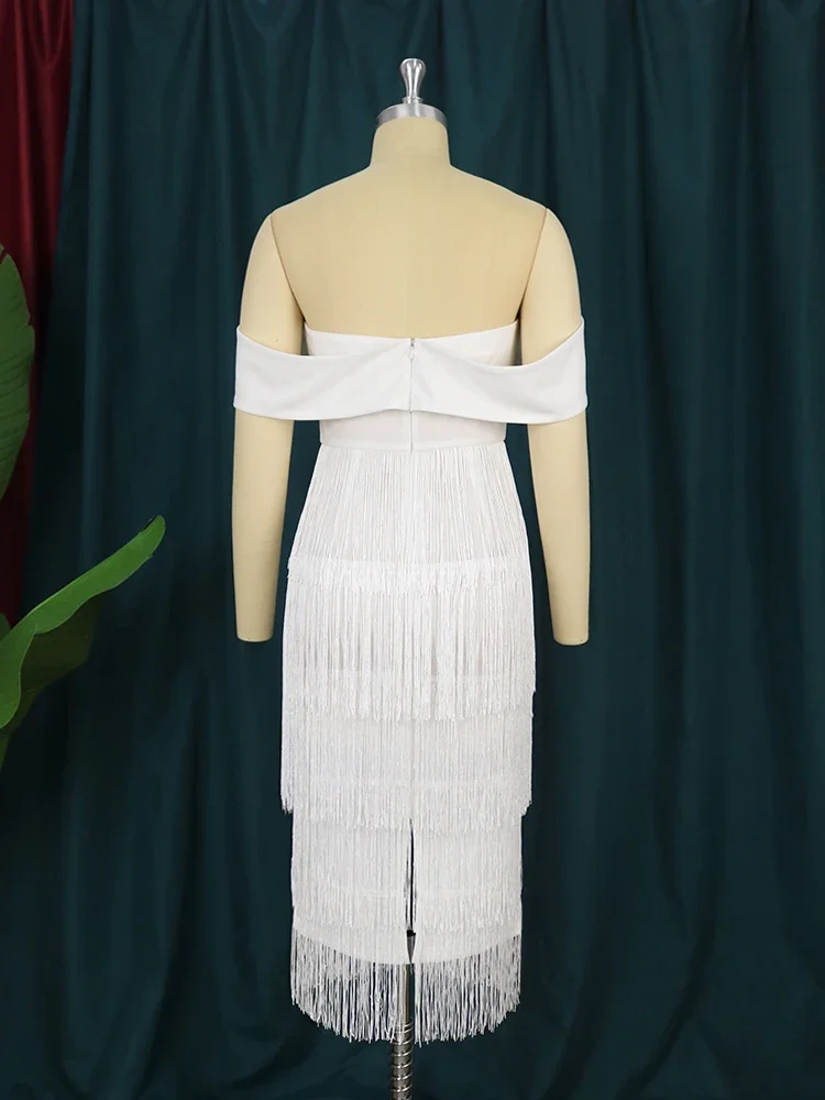 White Fringe Dress Sexy Off Shoulder Strapless High Waist Big Size Tassel Dresses for Women 2023 Evening Cocktail Party Outfits