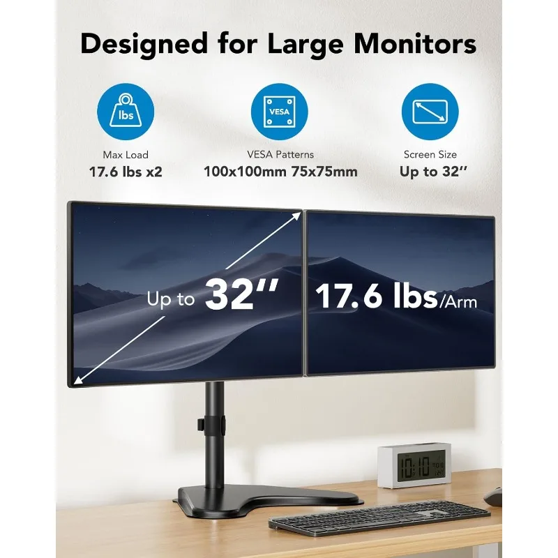 Stand up to 17.6lbs per Arm, High-Grade Aluminum Free-Standing Dual Monitor Mount for 2 Screens. F