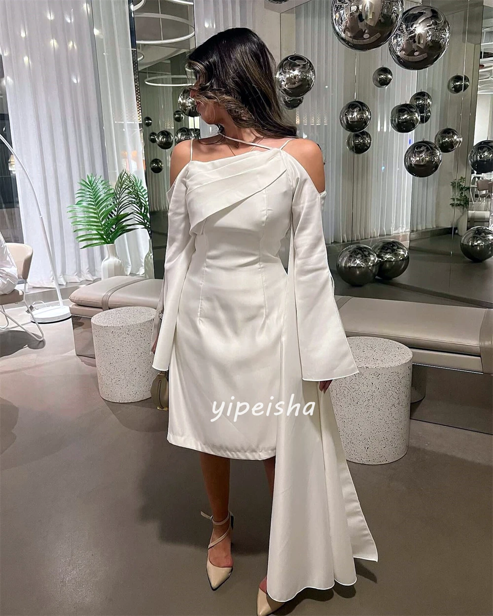 Customized Simple Jersey Pleat A-line Off-the-shoulder Knee Length Dresses Celebrity Dresses Chinese Style Unisex Pastrol Elegan