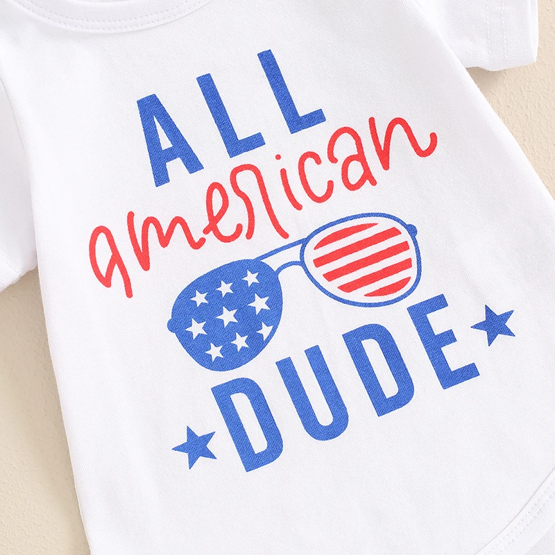 

4th of July Baby Boys Outfits Letter Short Sleeve Rompers Stripe Stars Glasses Print Shorts Hat Clothes Set