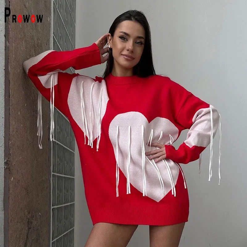 

Prowow New Style Lovely Heart Women's Sweater O-neck Loose Style Knitted Tassel Female Pullovers Tops Clothes for Christmas