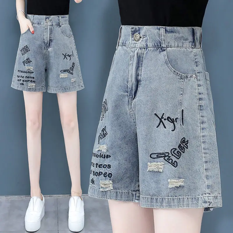 Denim Pant Women Jeans Wide Leg Short Pants Shorts High Waist Straight Trousers Y2k Streetwear Casual Loose Mom Jeans Summer