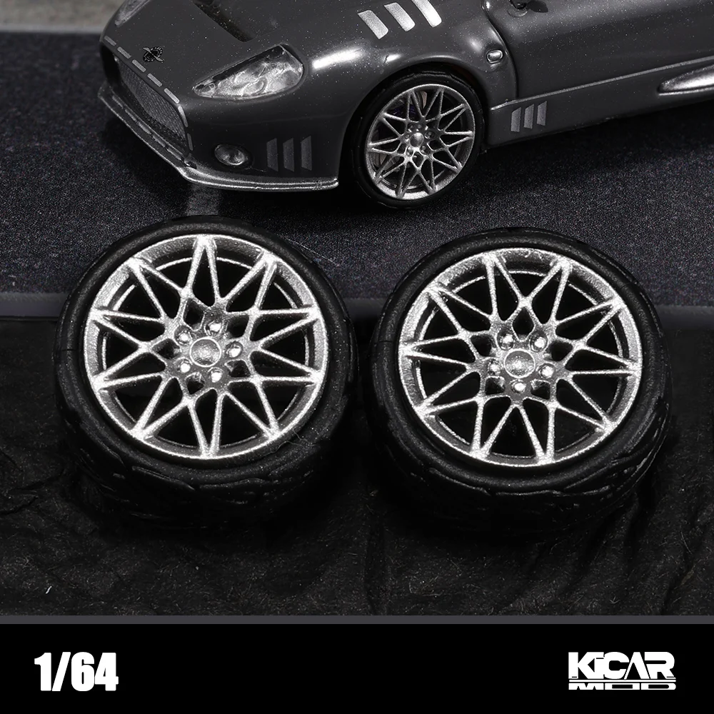 Kicarmod 1/64 Resin M4 Racing Model Wheels 10.5mm with Rubber Tires Brake Discs & Calipers for 1/64 Diecast Model Cars