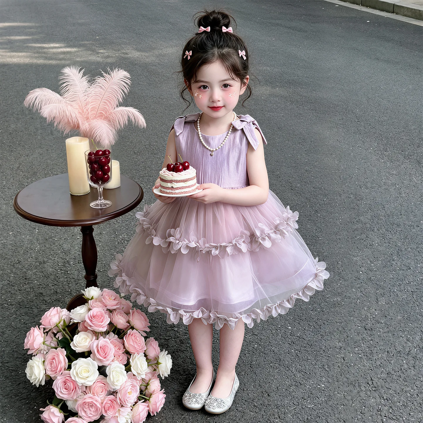 Girls' Purple Vine Petal Princess Yarn Skirt SummerChildren's Sleeveless Tank Top Cool Combed Cotton Cake Skirt Summer Dress