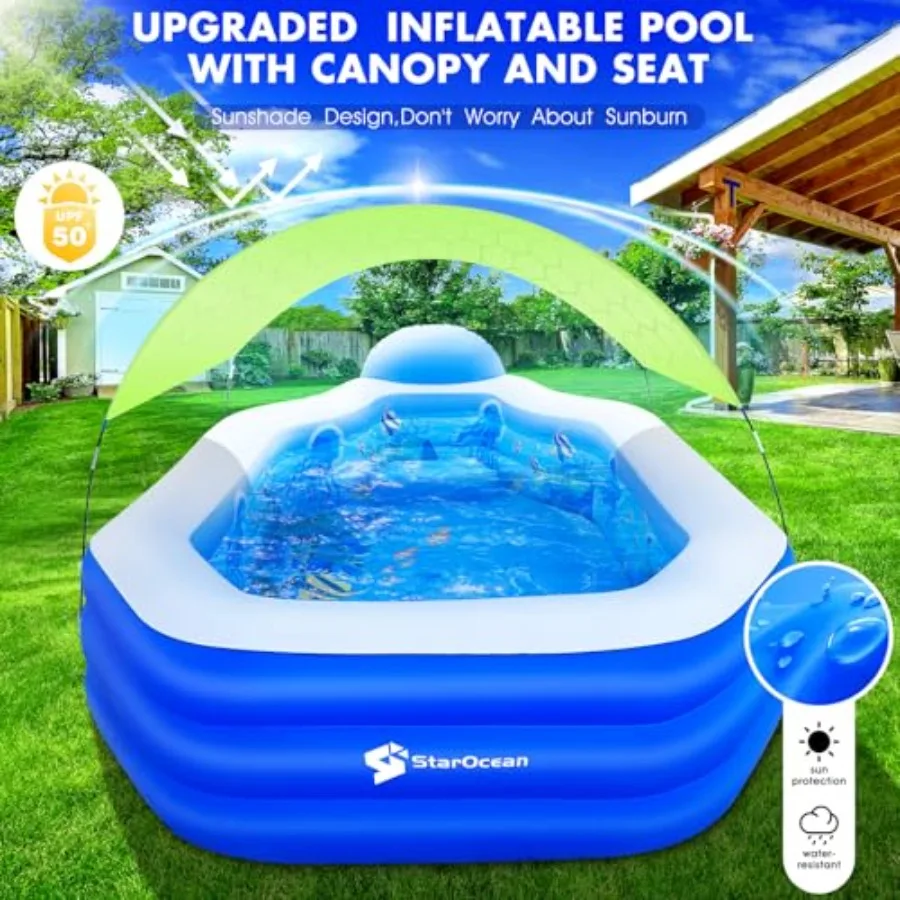 Backyard inflatable pool with canopy for adults thickened green PVC 118x75x22 includes seats and backrest for comfort and durab
