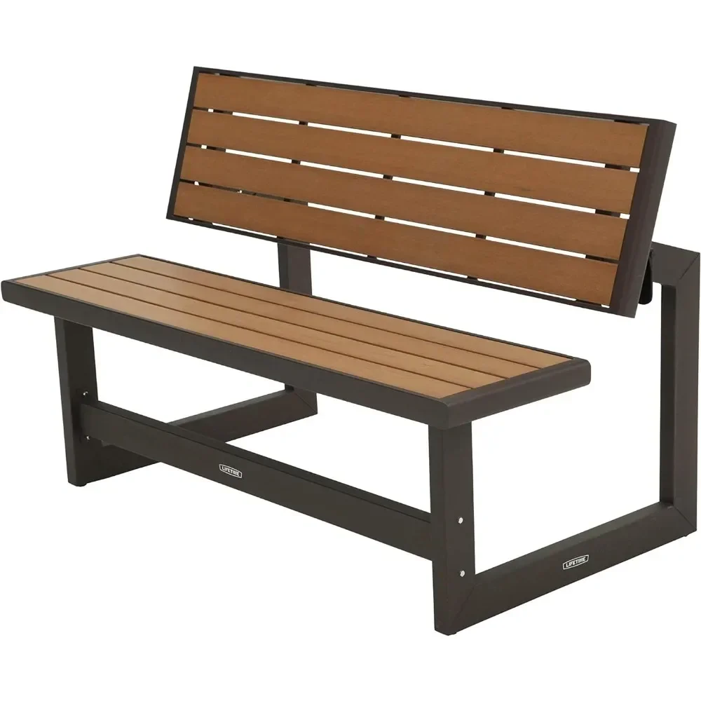 Garden Benches 2 Seat, Convertible Bench / Table,Brown Durable,55 Inch Weather-resistant Simulated Wood, Outdoor Benches