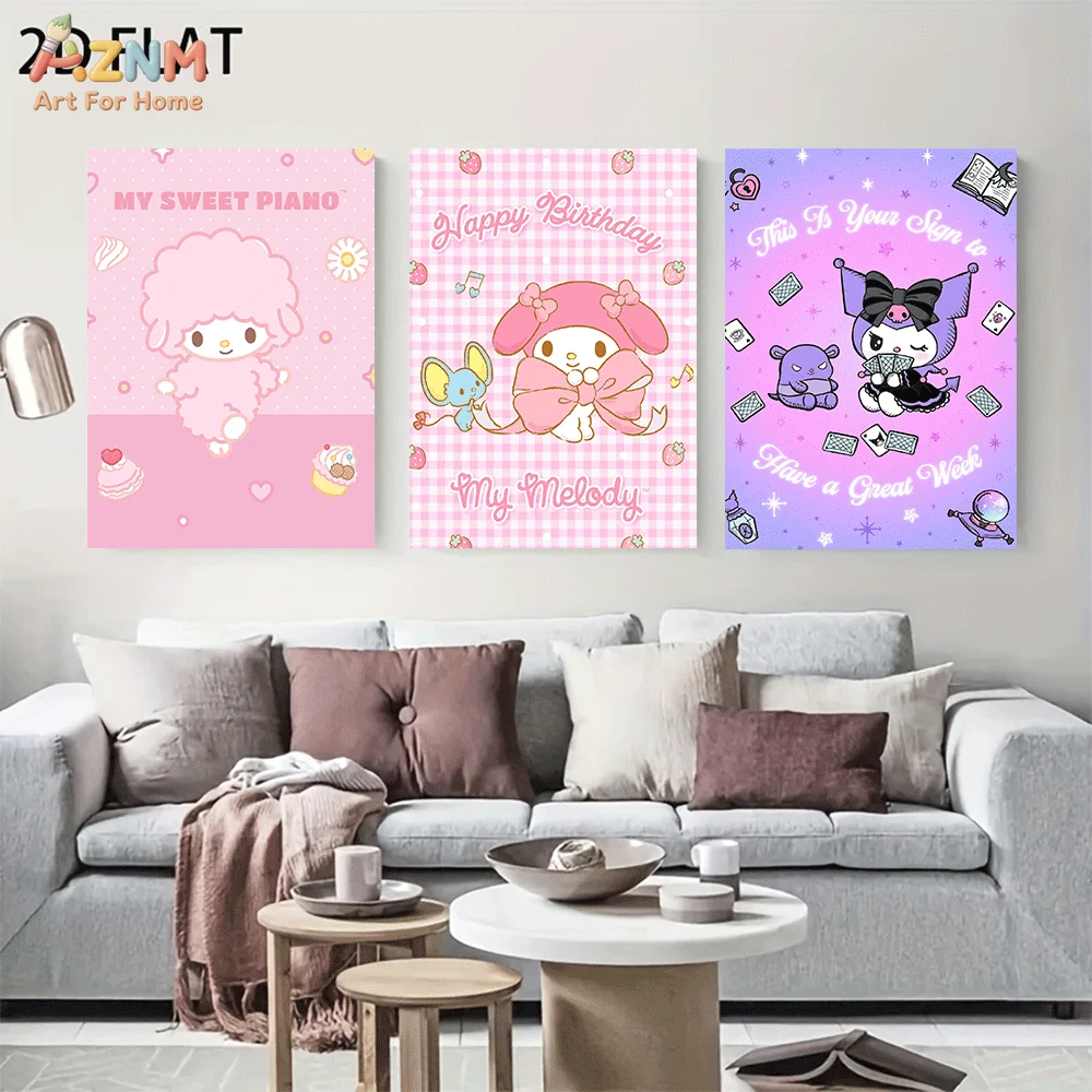 AZNM My Sweet Piano My Melody Kuromi Frameless Canvas Wall Art, Birthday Plaid Magic Cartoon Poster, Kawaii 2D Flat Print for Ho