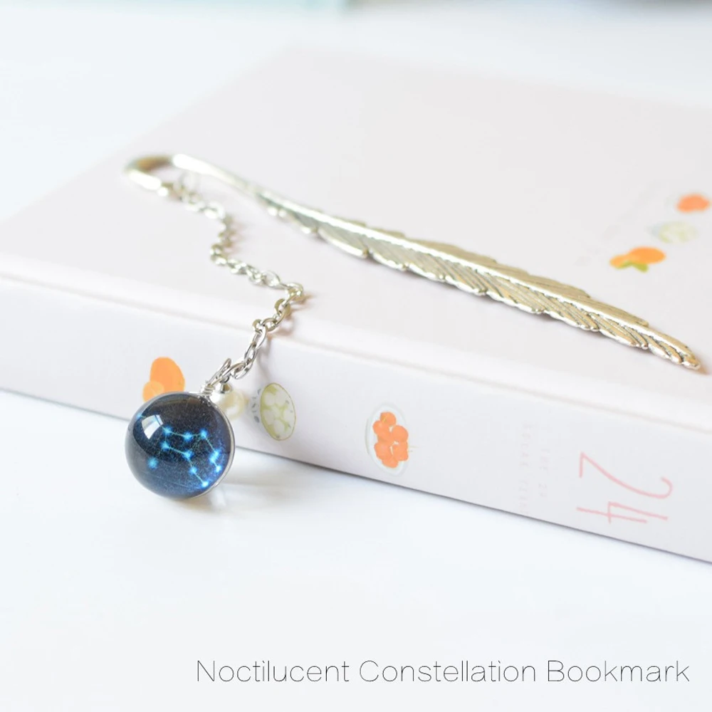 Teacher Gift Reading Feather Bookmark Metal Book mark Creative Bookmark Noctilucent Bookmark Bookmark Pendant 12 Constellation
