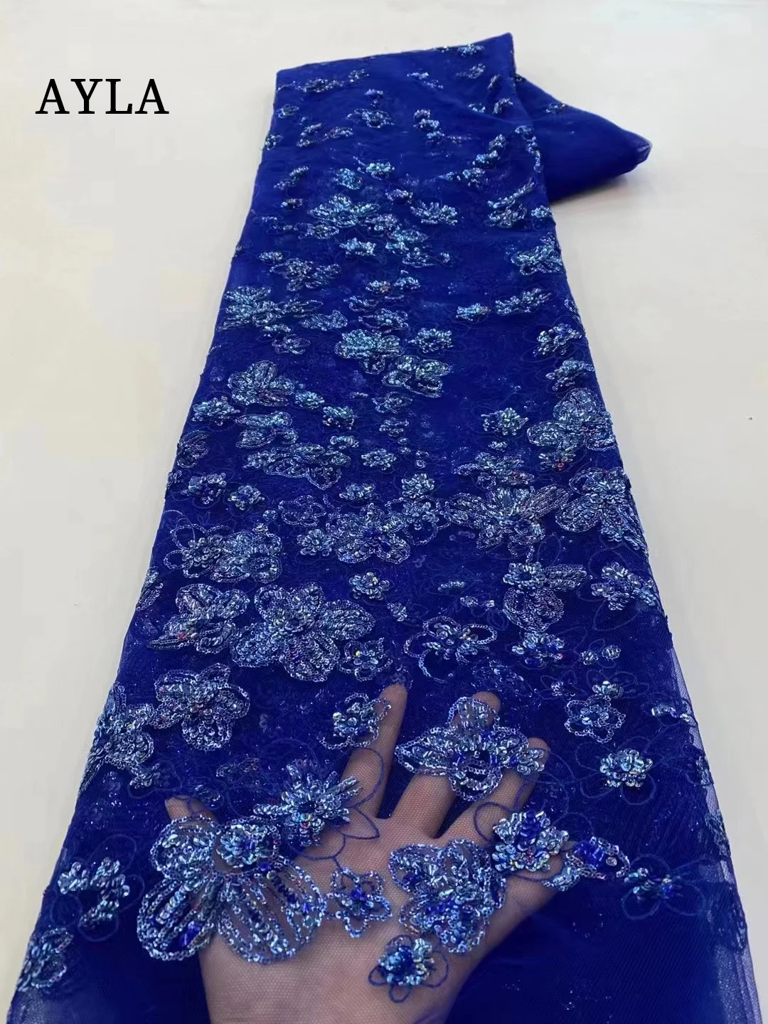 

Shiny Blue African Crystals Sequins Fabric Evening Party Dress Material, 5 Yards Red Nigerian Lace Tulle Mesh Fabrics for Sewing