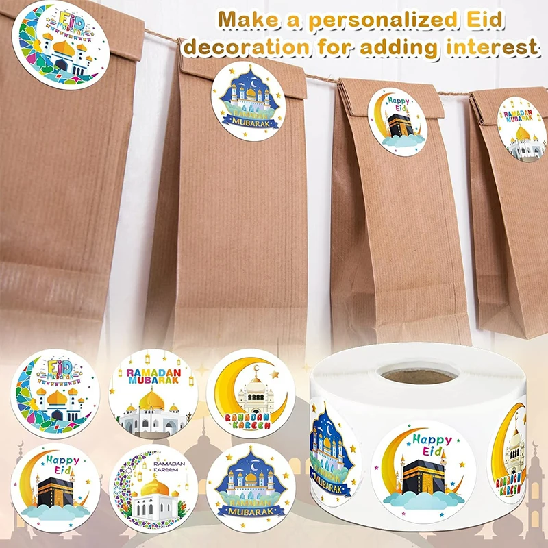 500pcs Ramadan Mubarak Paper Roll Stickers Gift Packaging Seals Labels Home Party Decorations Muslim Festival Supplies 2025