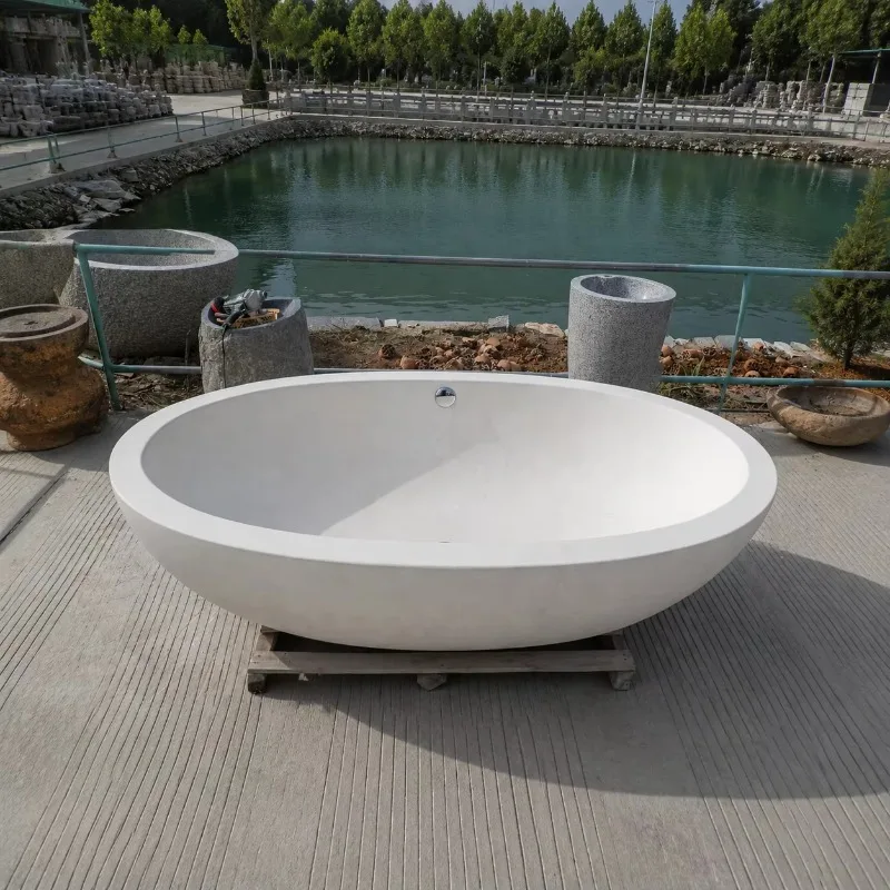 High Quality Large Size Customized Natural Stone White Marble Oval Bathtub Floor Free Standing Bath Tub For Outdoor Hotel Villa