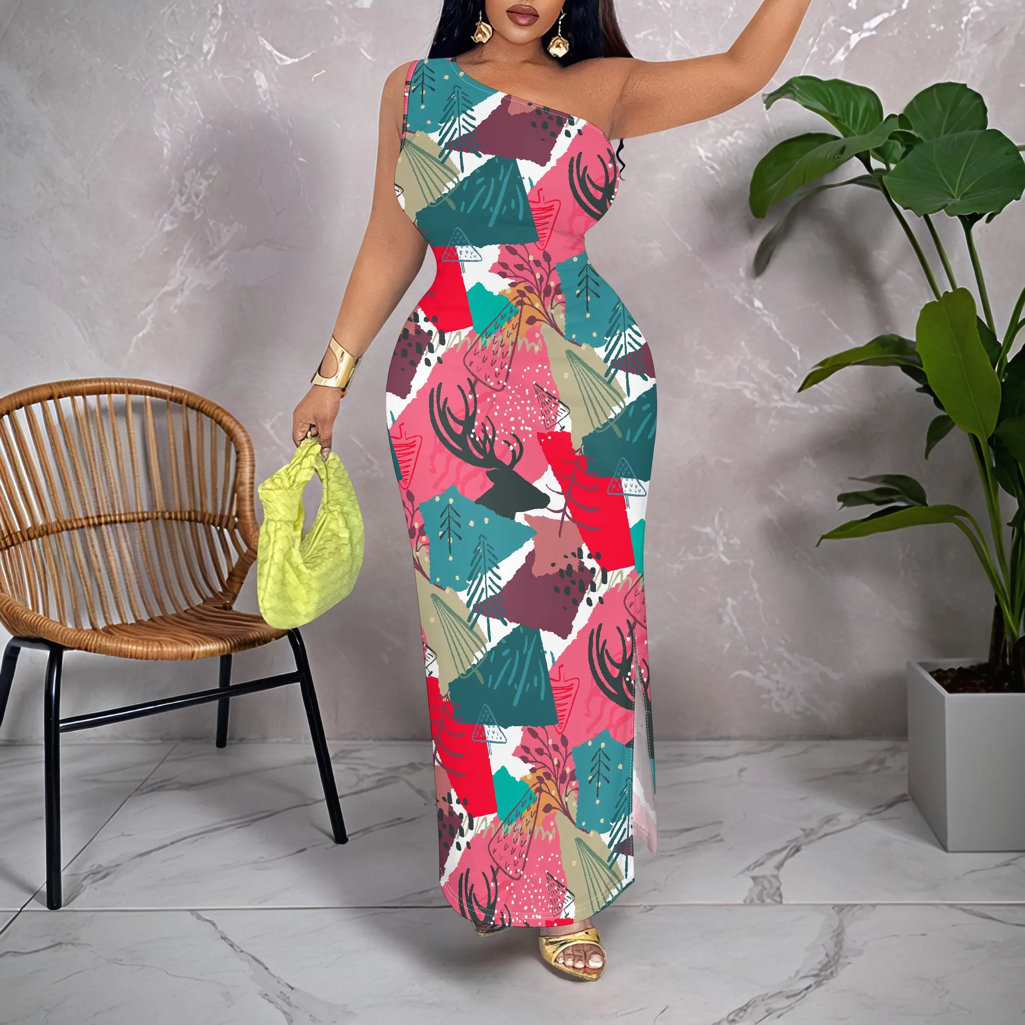 Abstract Print One Shoulder Maxi Dress, Tropical Leaf Pattern Summer Gown, Boho Beach Vacation Wear, S-2XL