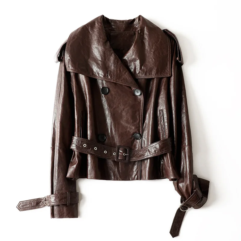 سترة جلدية حقيقية جديدة لعام 2025 للنساء لخريف وشتاء ريترو شمع زيت بني من جلد الغنم حزام مزدوج الصدر سترة قصيرة أنيقة #1