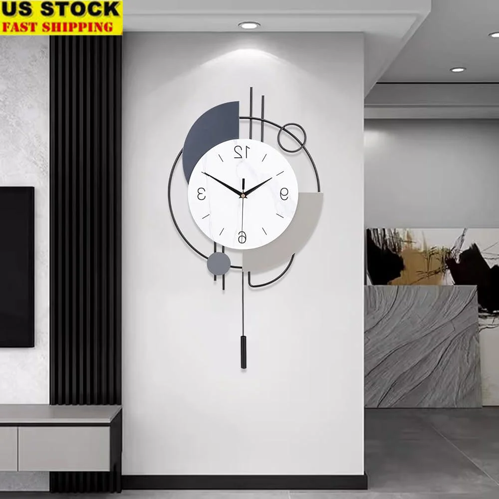 Silent Quartz Wall Clock with Pendulum Decorative Metal Clock Stylish Art Deco Design Battery Operated Living Room Bedroom Home