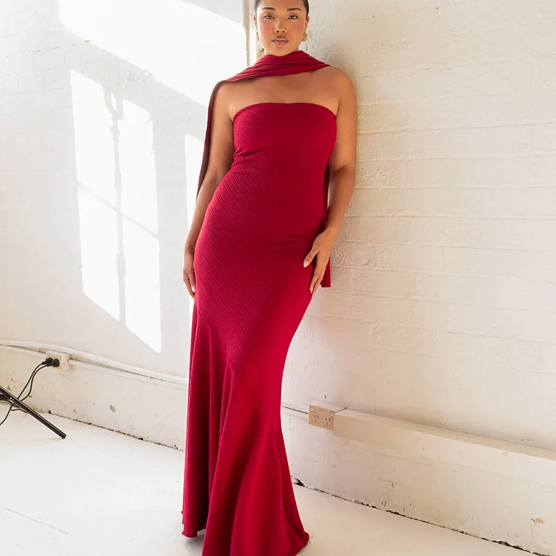 Strapless Cape Women's Prom Dress Fish tail Backless Party Gown Red Middle Waist Sheath Slim Evening Skirt New Design In Stock