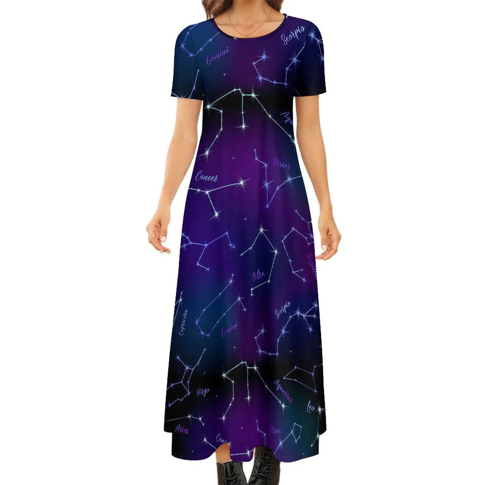 Astrology Print Dress Stars Space Kawaii Maxi Dress Street Fashion Boho Beach Long Dresses Women Short Sleeve Oversized Vestido