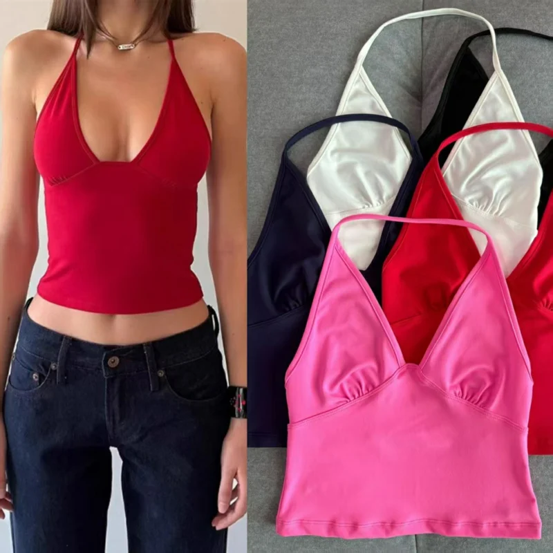 

Sexy Deep V Neck Halter Vest Woman Sports Gym Fitness Crop Top Women Slim Short Backless Tank Top Summer High Street Wear