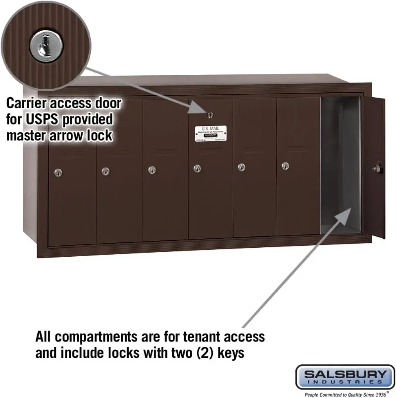 3507ZRU Recessed Mounted Vertical Mailbox for use with USPS Lock 7 Doors Bronze Doors include a 5 pin cylinder cam lock