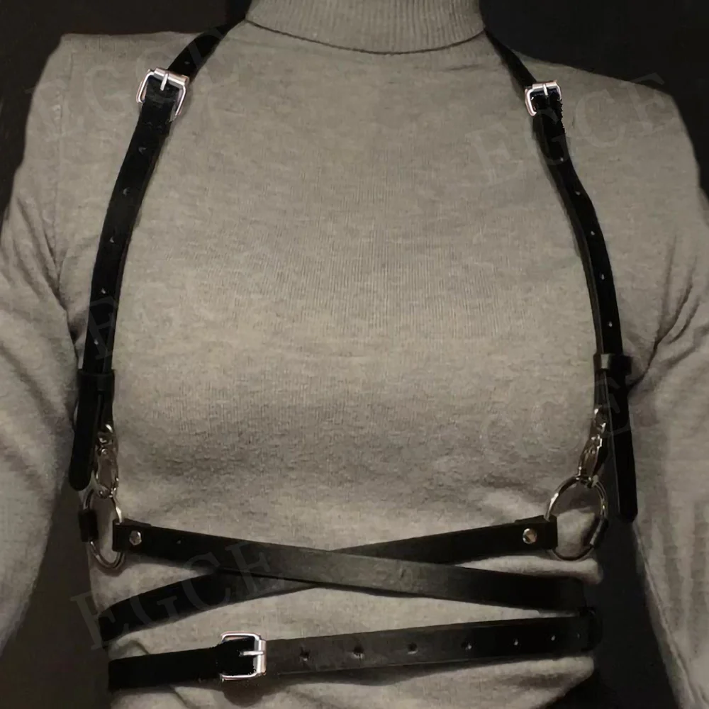 Sexy Harness Mulheres Anel Ligado Ombro Ajustável Moda Arnês PU Couro Corpo Bondage Punk Cinto Cage Roupas Rave