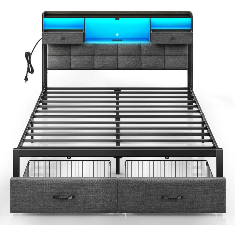 Rolanstar Frame Full Size Drawers Charging Station,Upholstered Platform Bed with Storage Headboard and LED Light,He