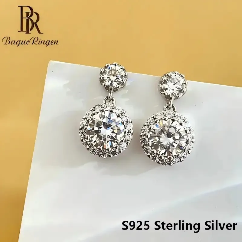 BR S925 Sterling Silver Stud Earrings, Round Bezel Double Stones Design, Full Paved Inlay, Luxury Elegant Versatile Style