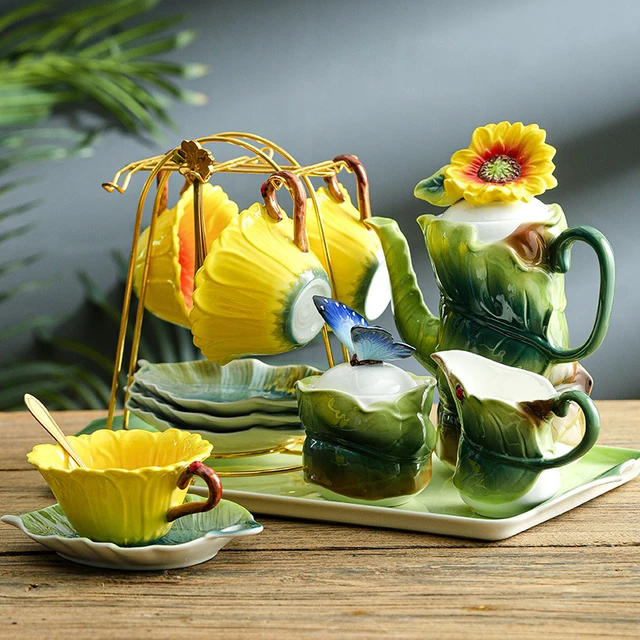 Ceramic Tea Set Sunflower Coffee Cup Teapot Embossed Flowers Afternoon Tea Accessories Leaf Saucer Flower Mug Ceramic Mug AliExpress 15