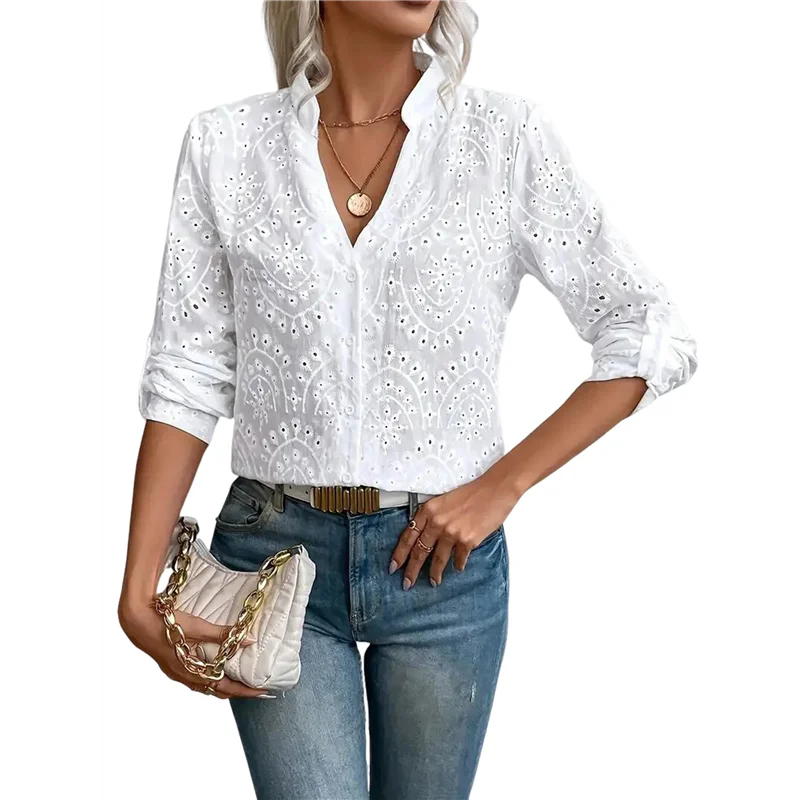 

ABRT-Women's Crochet Embroidery Eyelet Tops Shirt Blouse Boho Long Sleeve Button Front Blouse
