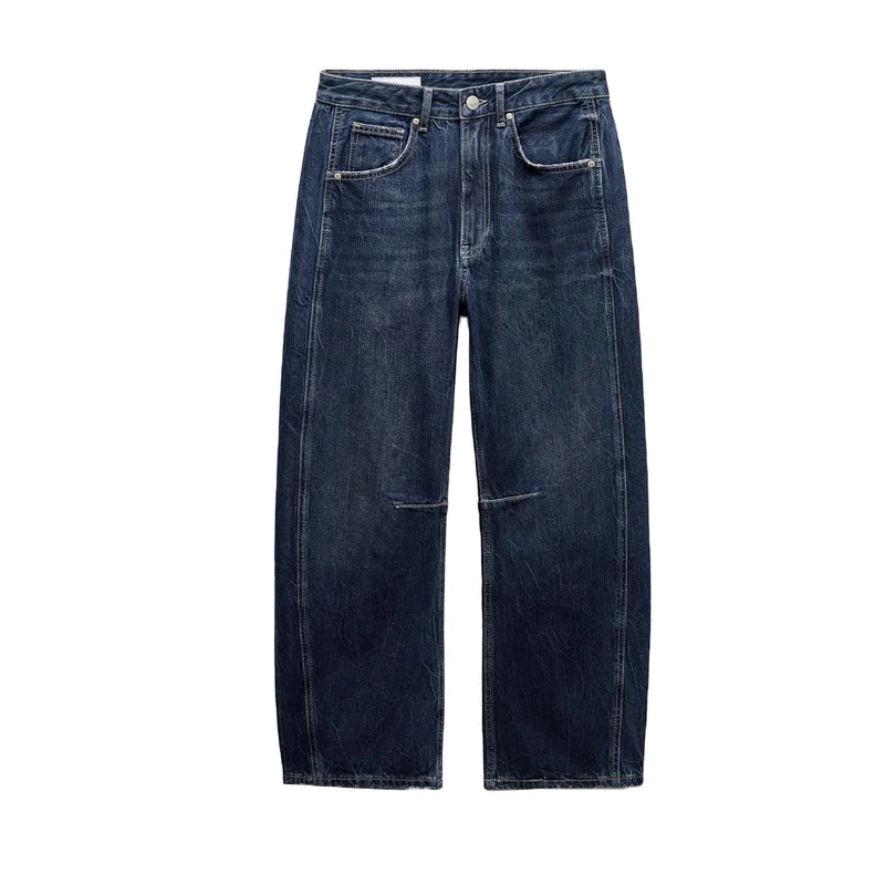

Spring New Women's Versatile Loose Balloon Denim Jeans mid Waist Straight Leg Trousers Wear Resistant Long Pants Zipper Closure