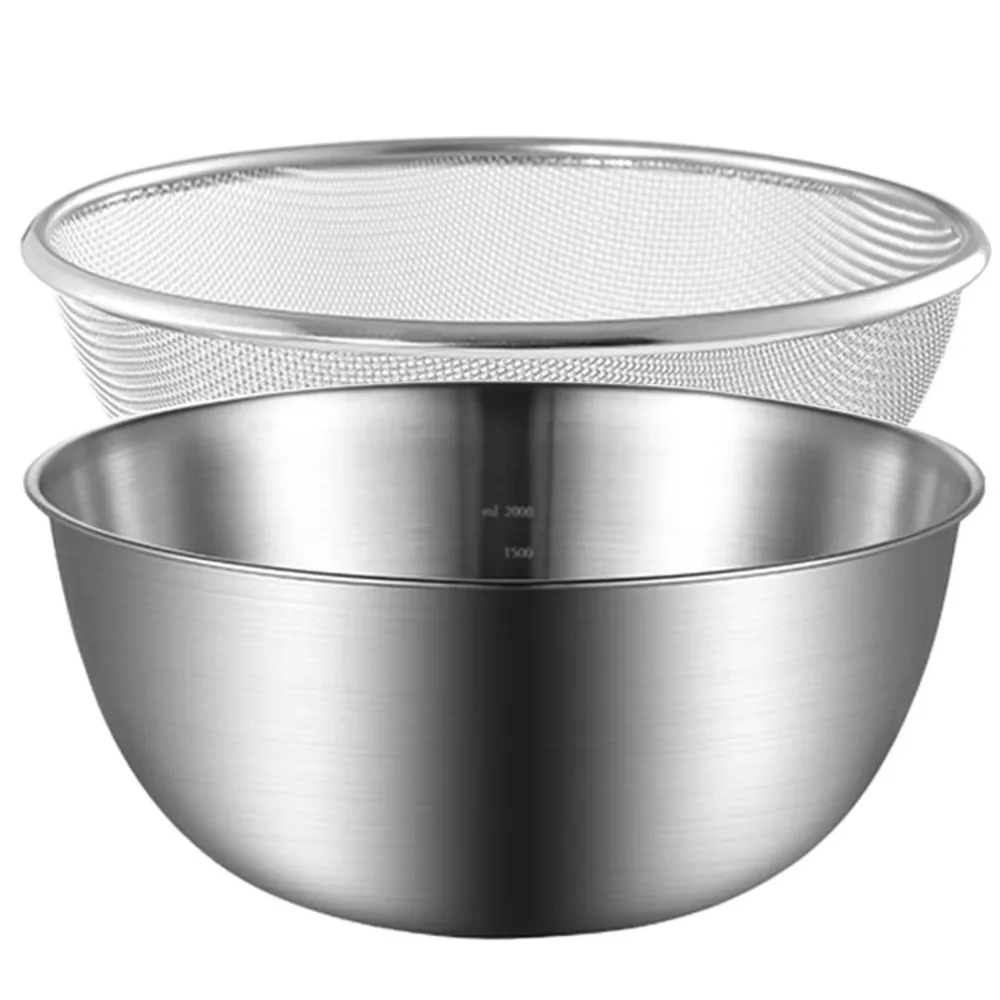2pcs/Set Stainless Steel Colander Bowl Set with Scale Multifunctional Sink Strainer Spaghetti Strainer Kitchen Organizer