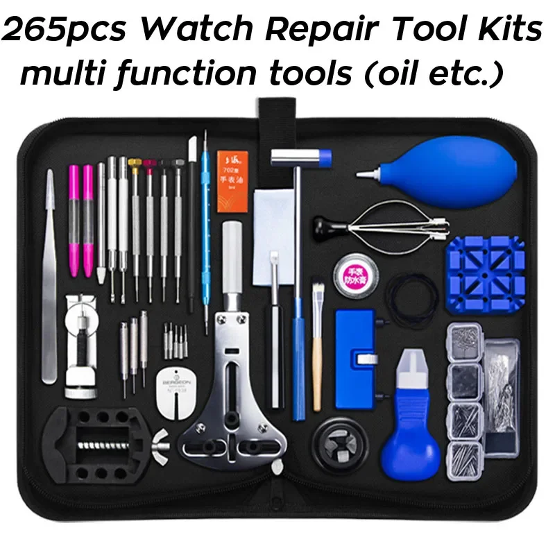

Набор инструментов для ремонта часов: открывалка для корпусов, съемник ремешков, пружинные штифты, масляные отвертки, пинцет, держатель для инструментов для часовщика
