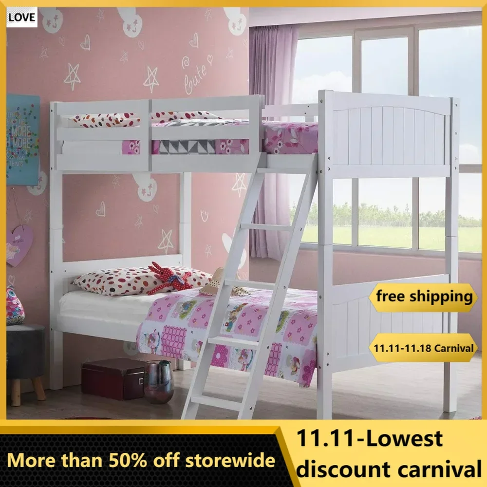 Bunk Beds Convertible 2 Individual Twin Beds for Kids Children, Solid Rubberwood Bunk Bed with Ladder and Safety Rail, Beds Kids