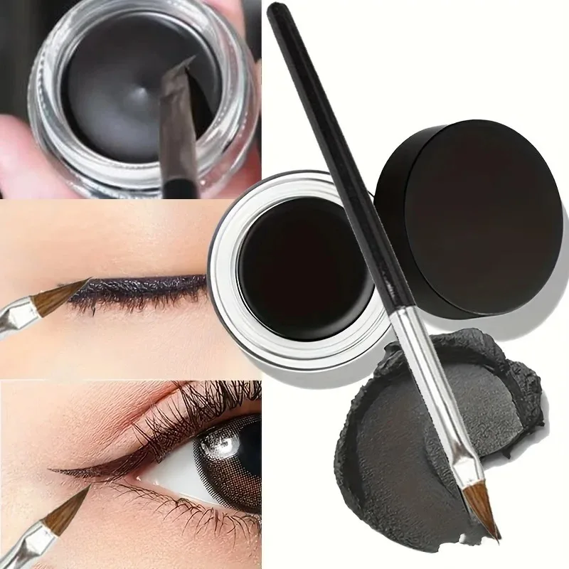 Crema delineadora de ojos negra, Cosméticos de belleza resistentes al agua, delineador de ojos en Gel de larga duración, herramienta de maquillaje con juego de brochas, delineador de ojos mate