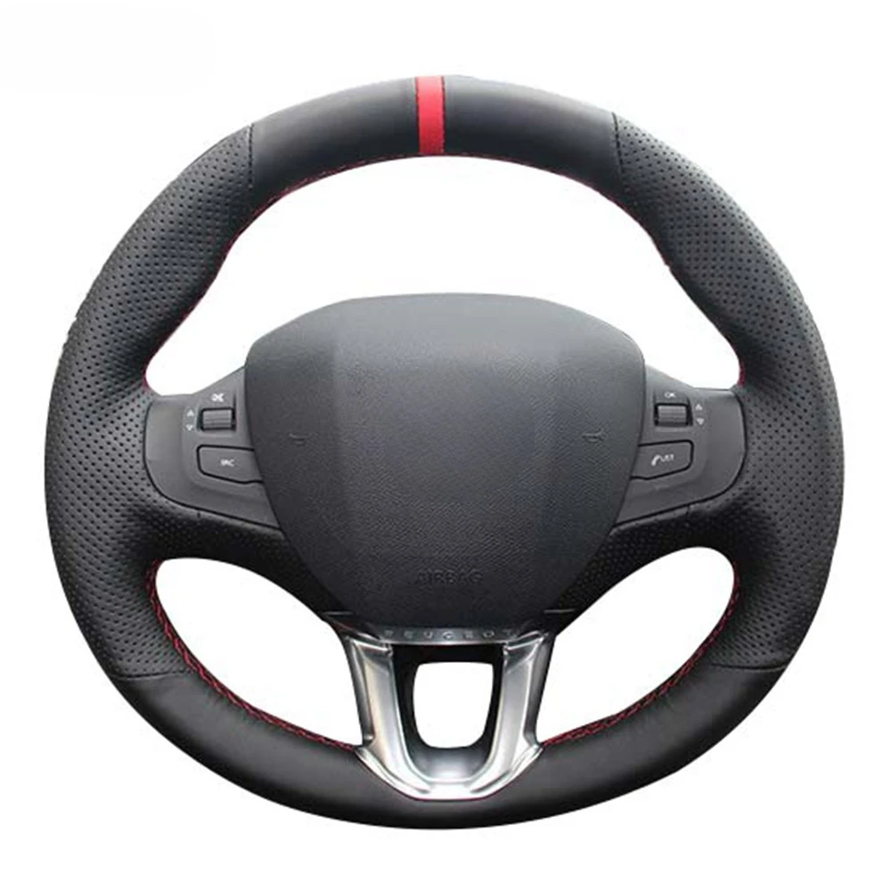 Black Artificial Leather Car Steering Wheel Cover Red Marker For Peugeot 208 Peugeot 2008 Steering-wheel Auto Accessorie