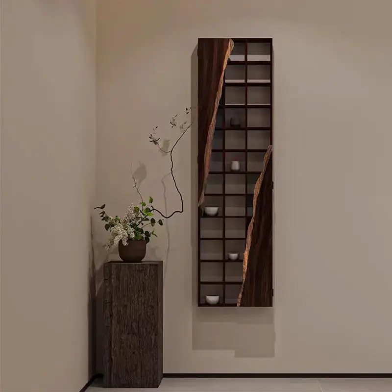 CX wabi-sabi wind, solid wood teacup holder, Chinese-style Duobao pavilion wall-mounted storage, antique shelf