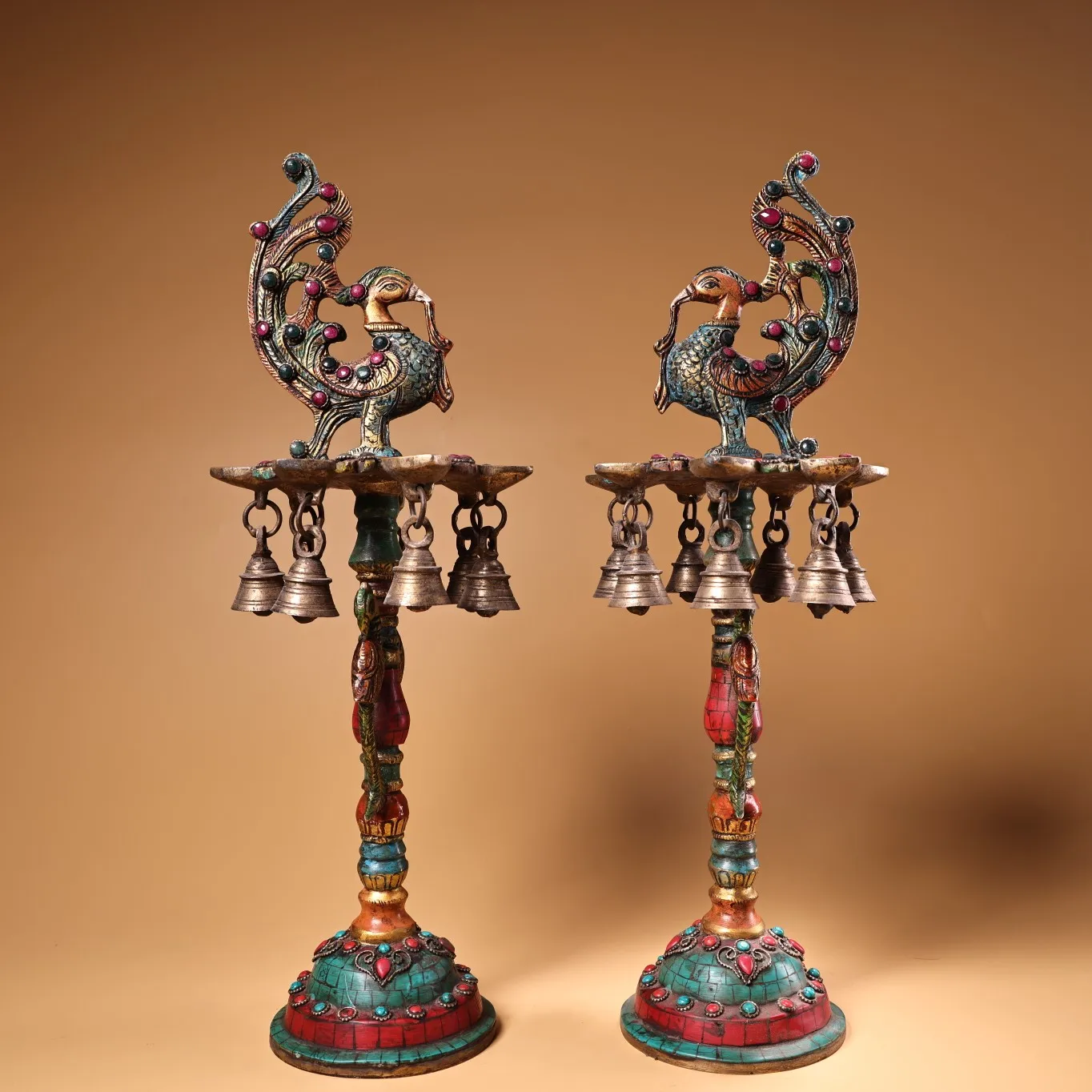 

17"Tibetan Temple Collection Old Bronze Outline in gold Mosaic Gem Turquoise Phoenix oil lamp Wind Chime Candlestick A Pair