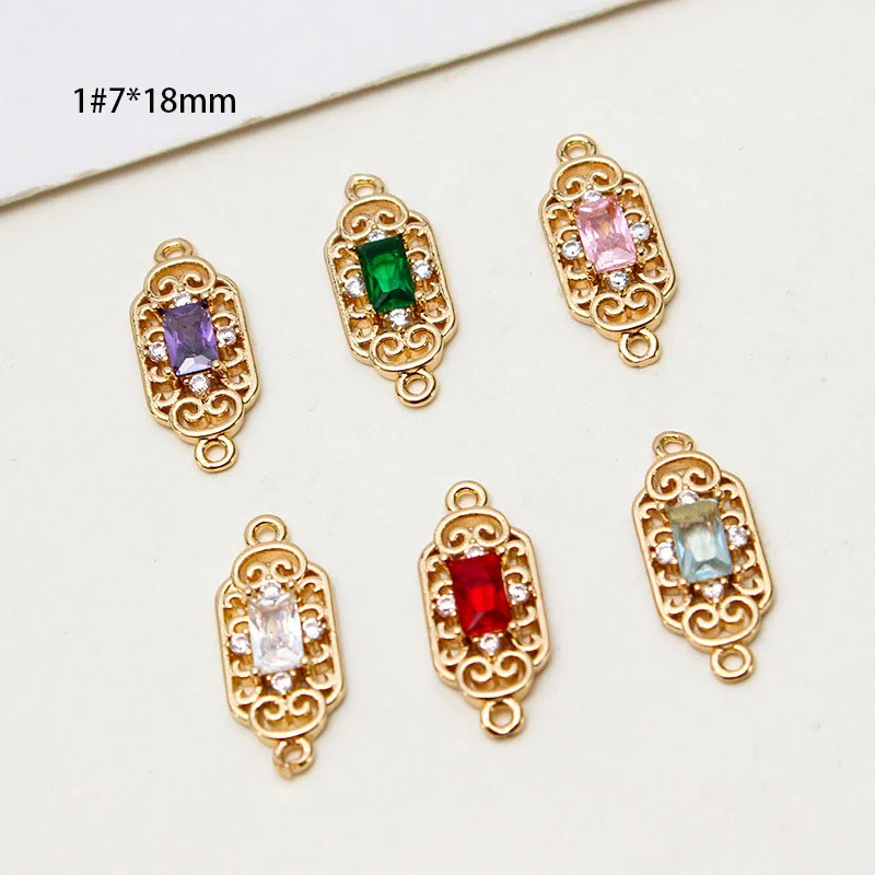 6pcs Copper Gold Color Plated Micro-set Zircon Double Hanging Rectangular Crystal Pendant Retro Style Diy Handmade Material