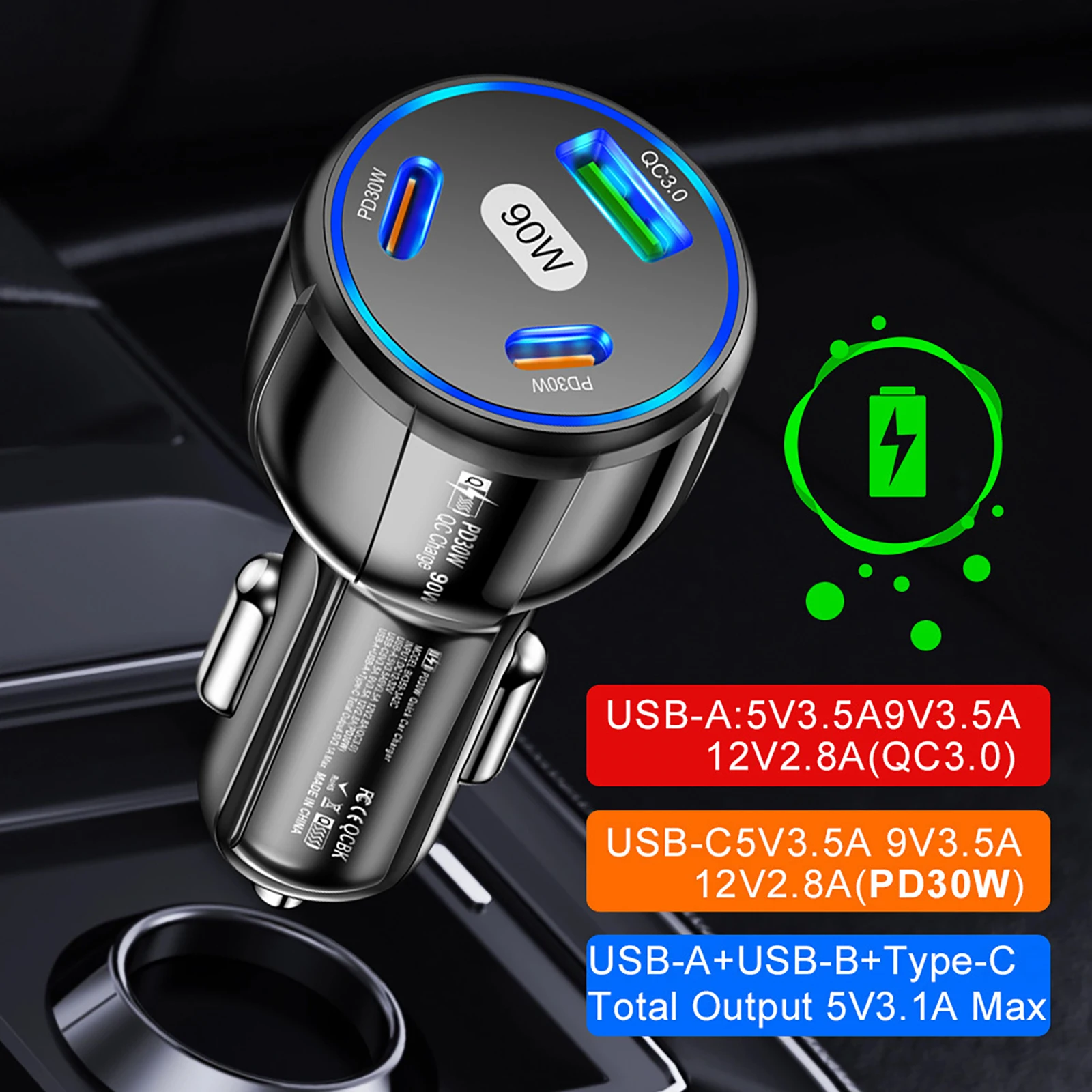 3 Port 90W Car Charger PD 30W QC3.0 Multi Port Type C Cigarette Lighter USB Charger Fast Charging For iPhone For Huawei Phone