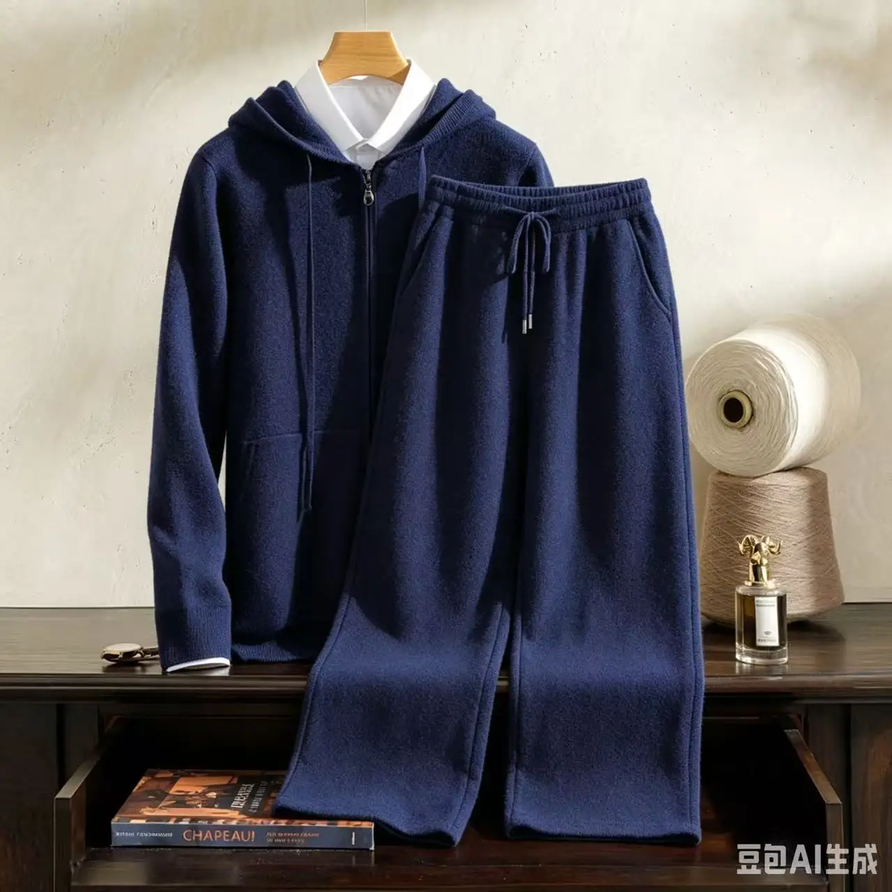 High quality 100% cashmere men's suit hooded zipper cardigan knitted straight leg pants pocket two-piece set/thick air layer