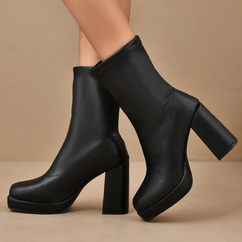

2025 New Fashion Solid Black Mid Calf Boots Women Sexy Square Toe Super High Heel Chelsea Boots Warm Winter Shoes Plus Size
