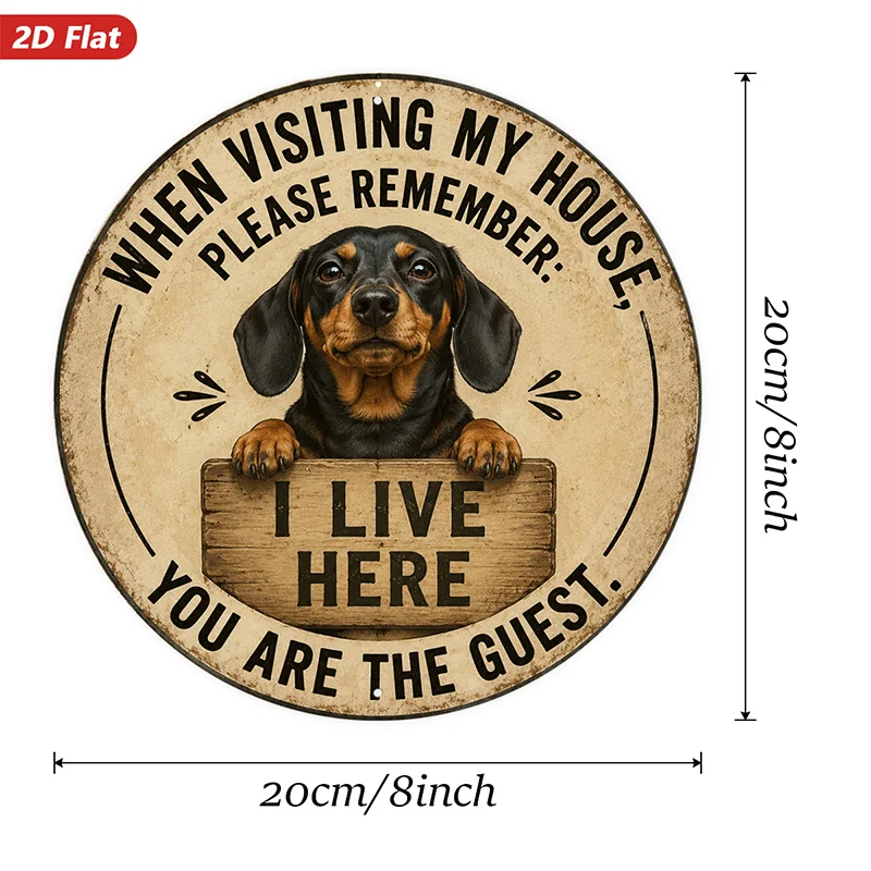2D Flat, 1pc Dachshund House Rules Round Metal Sign Wall Art, Dachshund Portrait, I Live Here Guest Message, Ideal for Studio En
