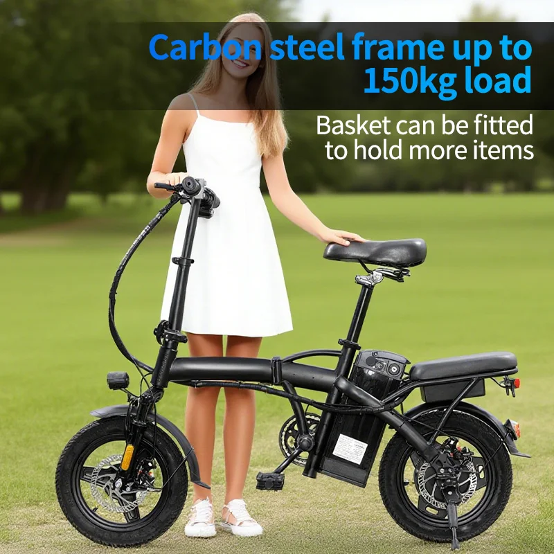 HEZZO - Składany rower elektryczny z siedziskiem i koszykiem dla dorosłych, 14-calowy szybki e-bike, zasięg 35 km, prędkość 32 km/h, 48V, silnik 450W