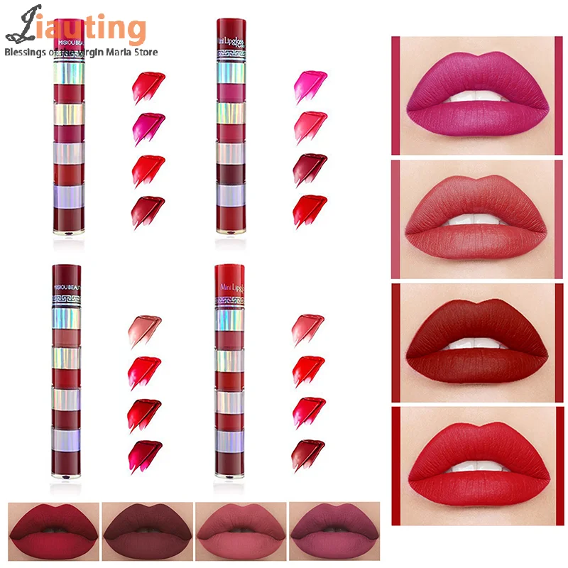 4 In 1 Lipstick Set Matte Waterproof Velvet Long Lasting Lipstick, Creamy Texture Ladies Gift Valentine's Day Gifts