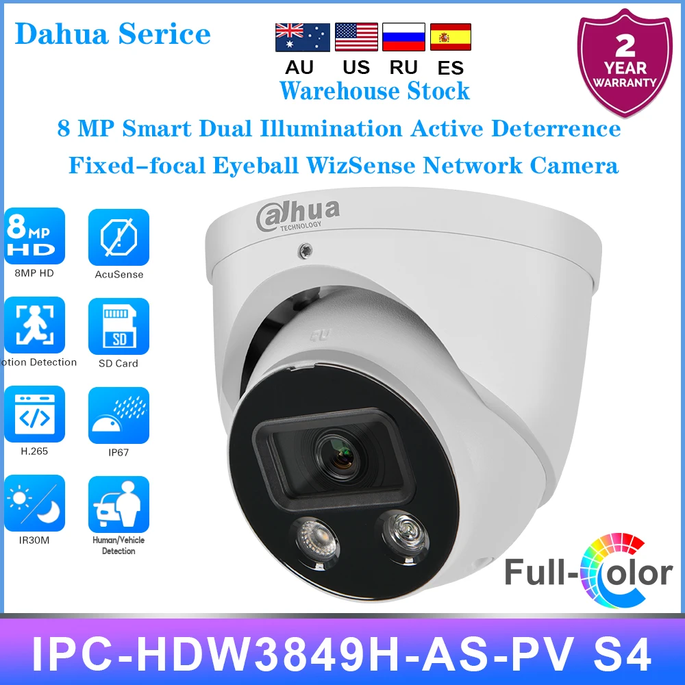 Dahua Serice IPC-HDW3849H-AS-PV S4 8MP Smart Dual Illumination Active Deterrence Fixed-focal Eyeball WizSense Network Camera