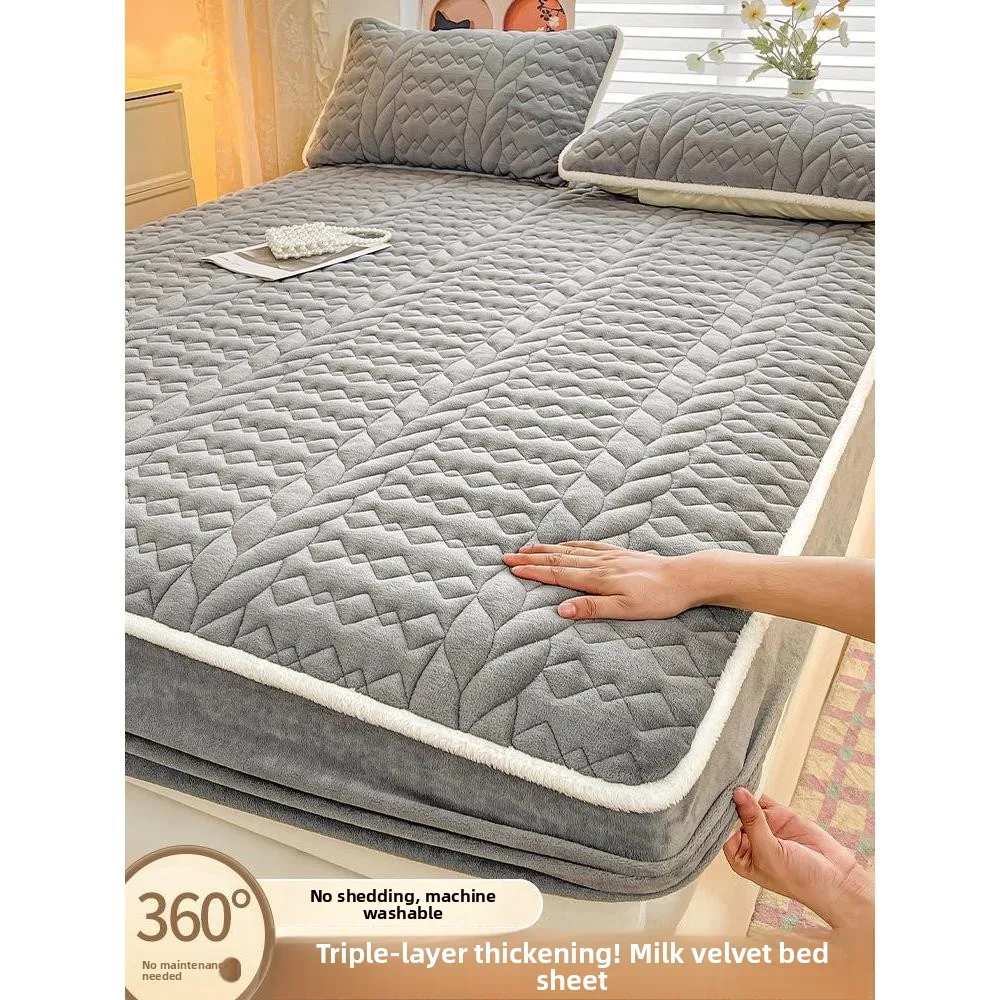 

Утолщенное хлопковое покрывало из молочного вельвета для односпальной кровати, зимний наматрасник из кораллового флиса, полностью облегающий чехол для матраса