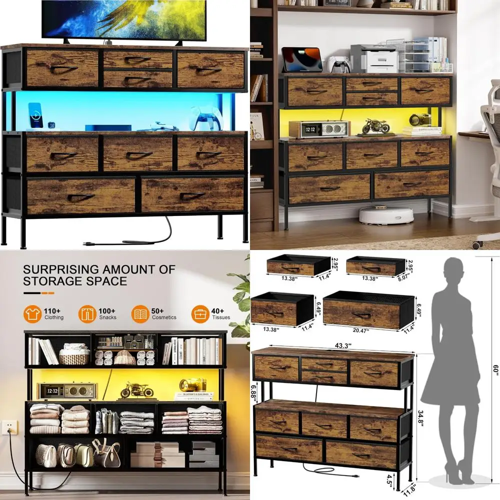 

55-inch tv stand with charging station, led lights, and 9 drawers, steel frame entertainment center