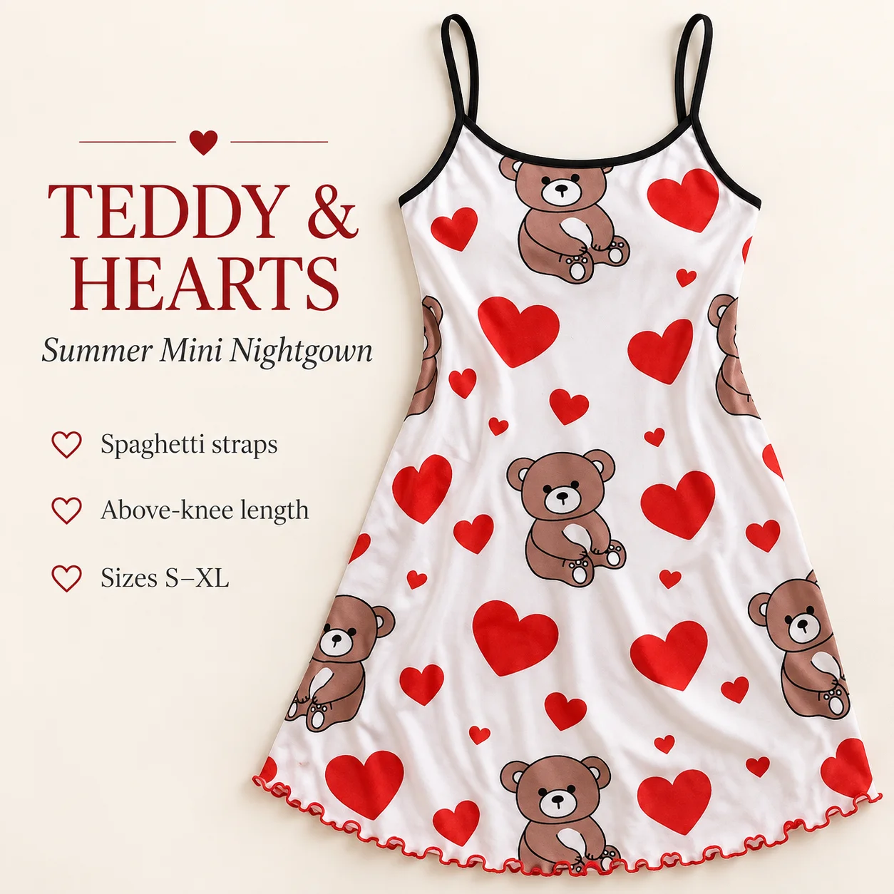 Women's Summer Teddy Bear Heart Print Mini Nightgown Sleeveless Spaghetti Strap Knit Sleep Dress in 3 Styles S to XL